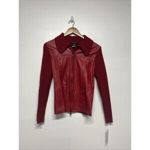 Vintage Maurice‎ Sasson Womens Jacket Leather/Ribbed Knit Zip Up Red Size Medium
